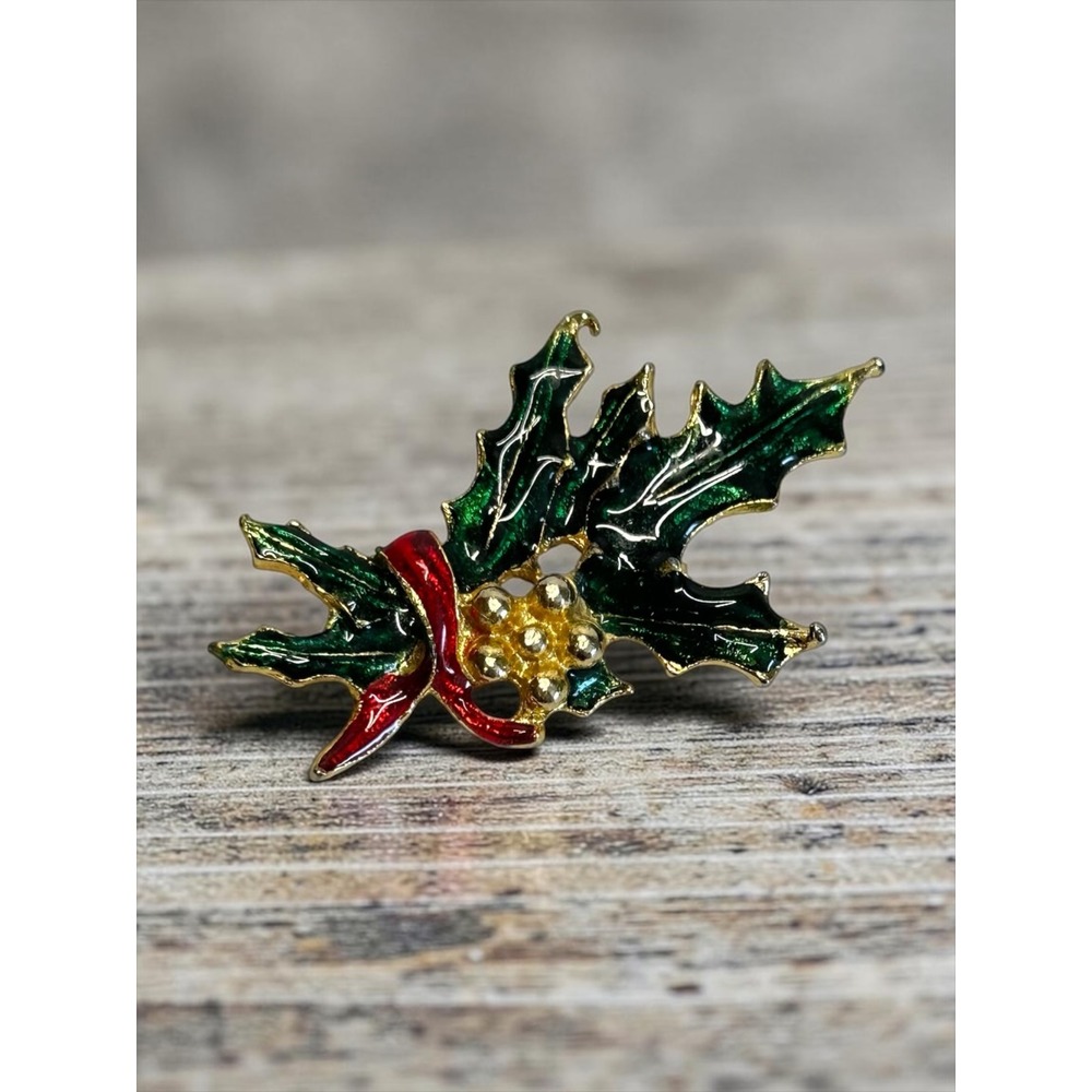 Holly Leaf Brooch 2.25" Green Red Enamel Gold Tone Christmas